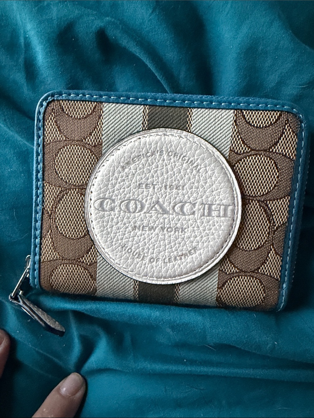 Coach Brown Signature Canvas Wallet with White Logo Patch and Teal Trim